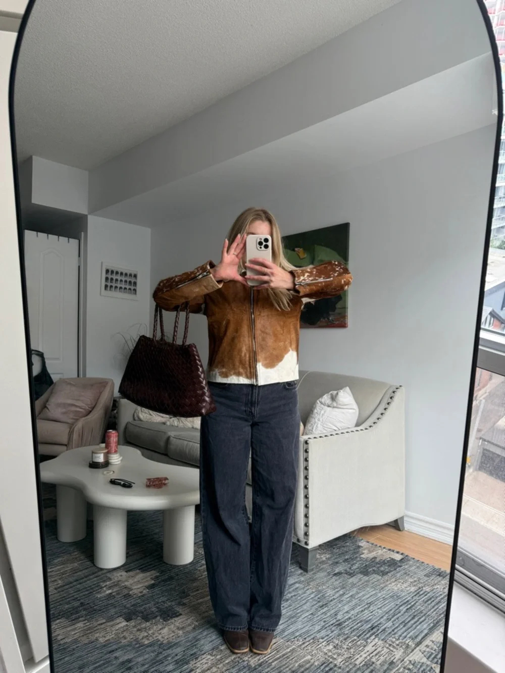 Custom Real Cowhide Paneled Brown and White Zip Leather Jacket - Picture 4 of 4